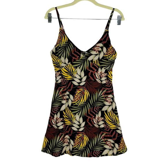 Olivaceous Black Tropical Leaves/Floral Back Cut Out A-Line Mini Dress Sz Large - Picture 1 of 12